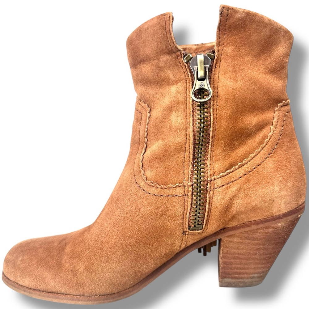 Sam Edelman Louie Womens Tan Suede Metallic Gold Fringe Booties Side Zip Sz 7.5 - Picture 2 of 16